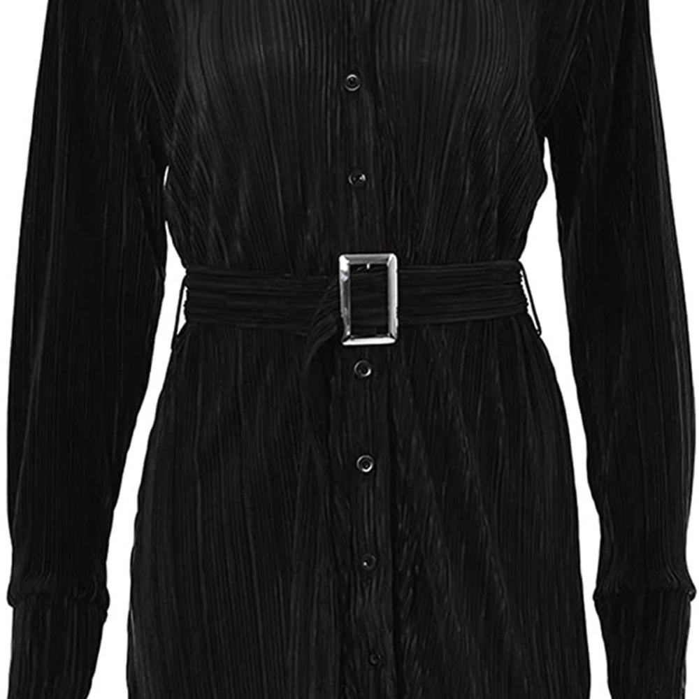 Black Pleated Button Front Dress - Picture 4 of 6